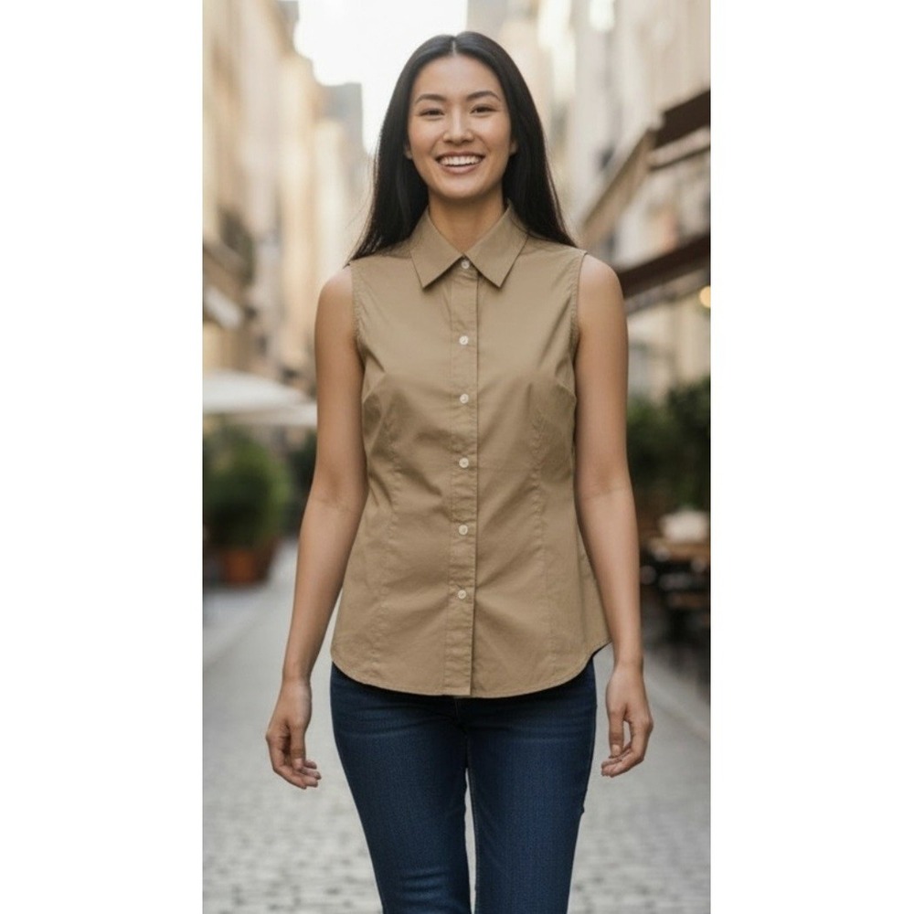 Gap Stretch Sleeveless Button Down Light Brown Capsule Shirt Top Women's M NWT